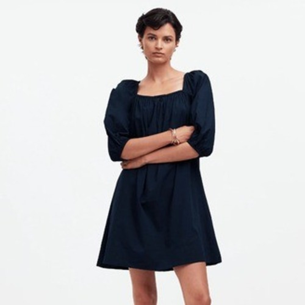 Madewell Puff Sleeve Mini Dress Women 6 Navy‎ Blue Square Neck Tie Back Romantic